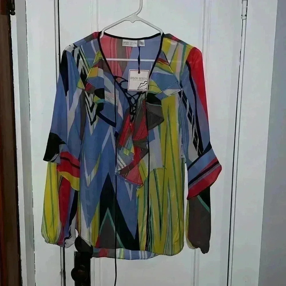 Bisou Bisou Multicolor Geometric Ruffle Front Blouse